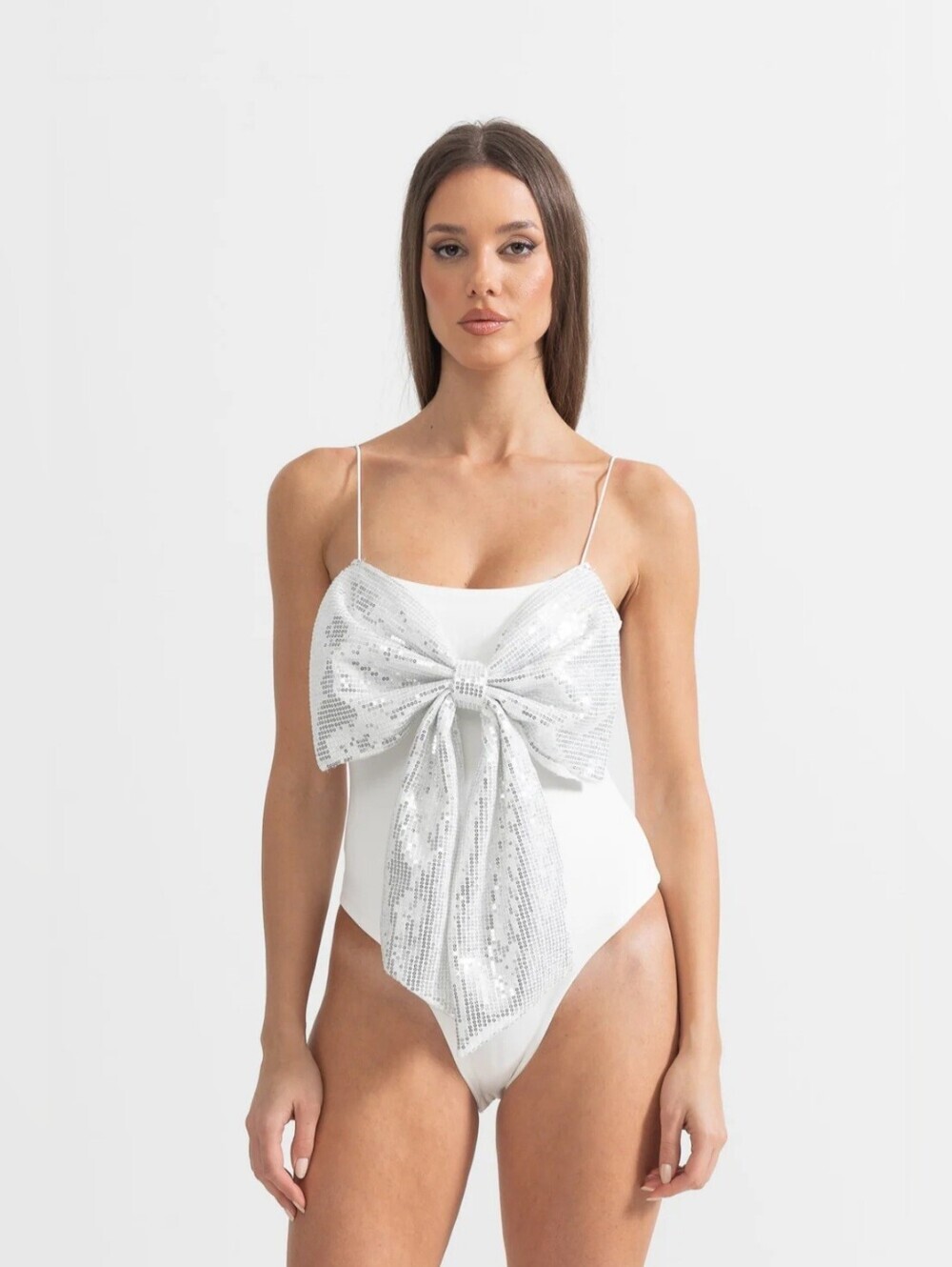 Sierra Darien Bodysuit With Large Front Sequin Bow - White Size S
